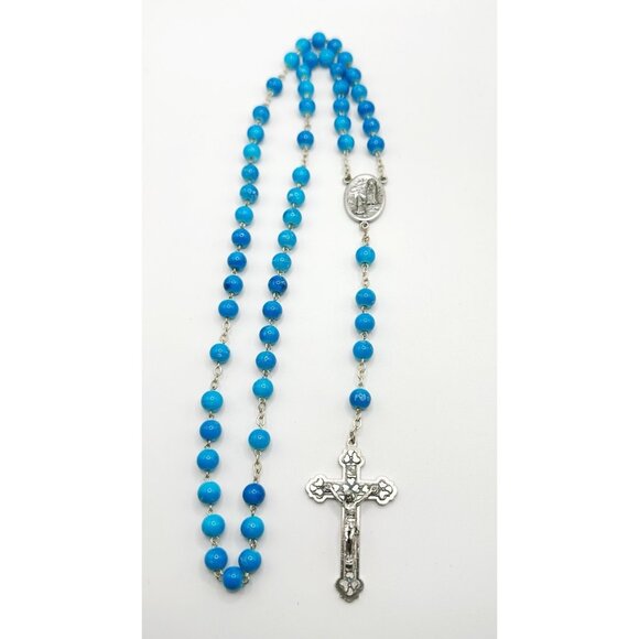 Turquoise Blue & Silvertone Italy Pray For Us Rosary 18” - Picture 1 of 7